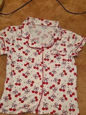Cherry Print Short Sleeve Pajama Top - Red on White